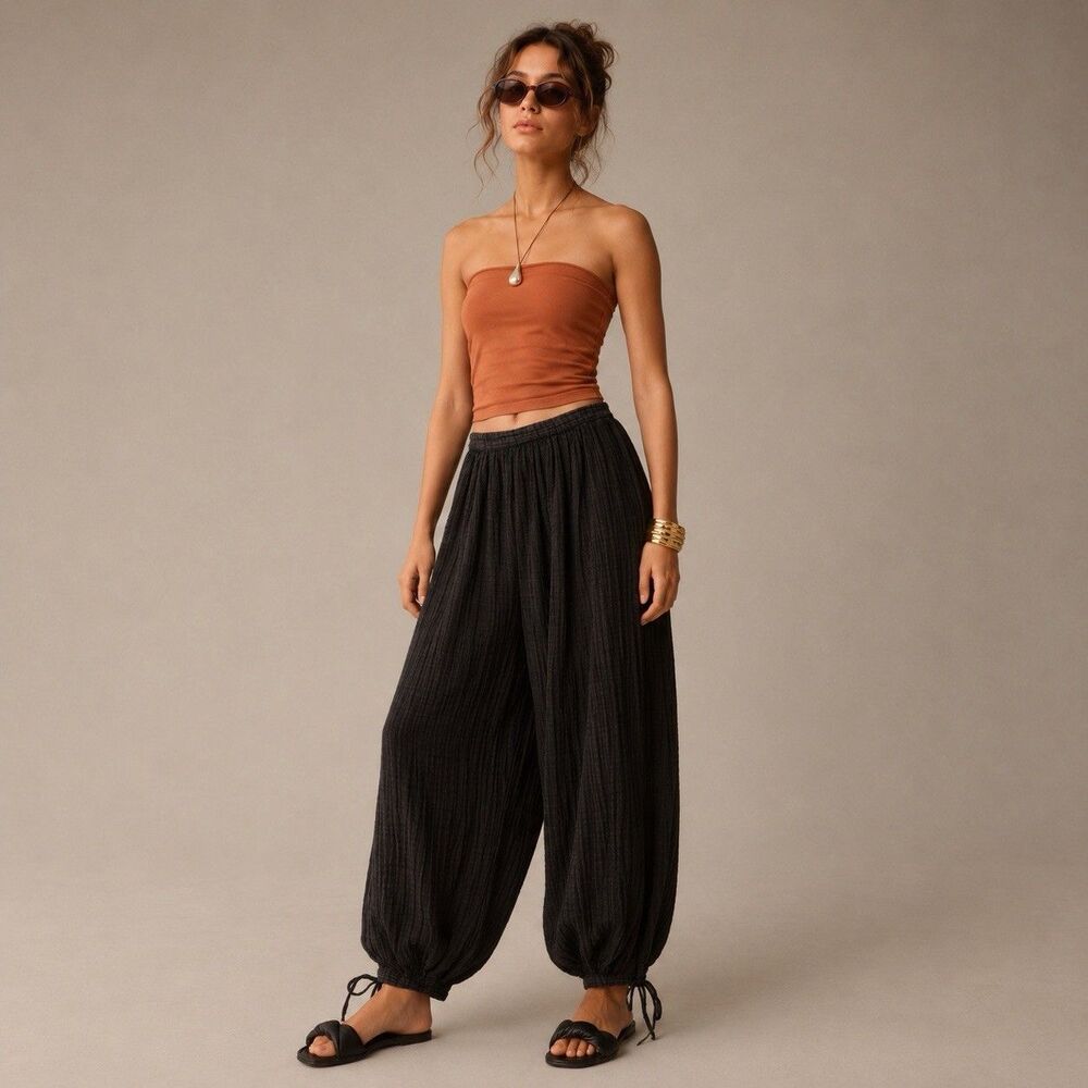 Anthropologie Black Cotton Gauze Balloon Pants M Harem Drawstring Hem Boho